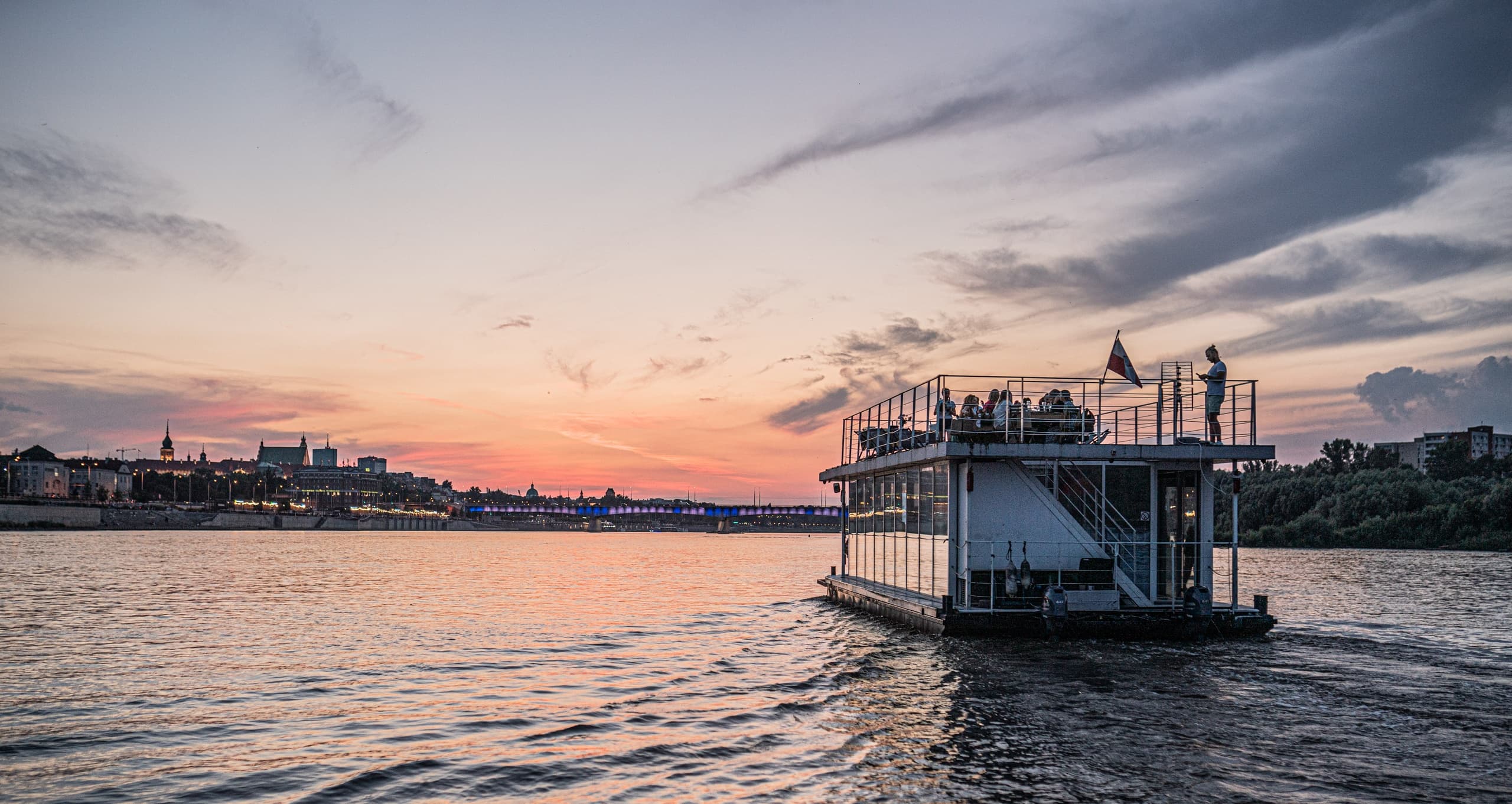 Sunset Cruise on the Vistula River with Prosecco Aboard Modern Barge